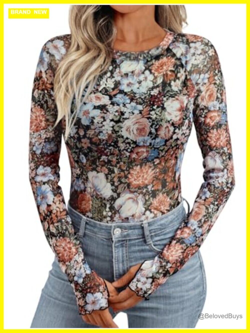 Womens Sheer Mesh Floral Top Long Sleeve See Through Crew Neck